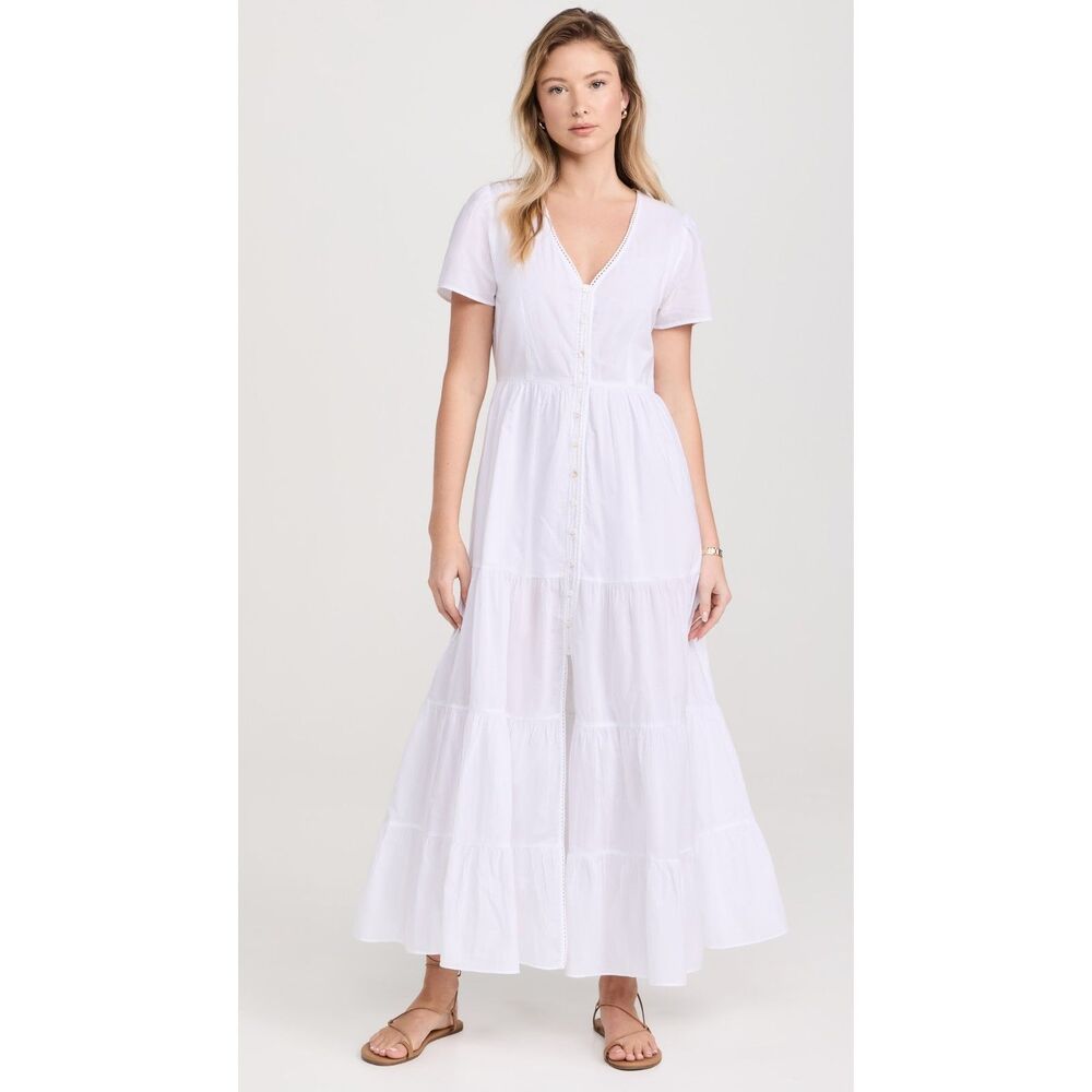 Playa Lucila White Coquette Cotton Tiered Summer Maxi Dress Size Medium